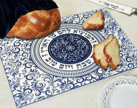 Glass Challah Board, Blue Damask Pattern