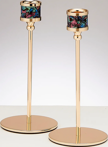 7" Enamel Gold tone Shabbat Candelsticks