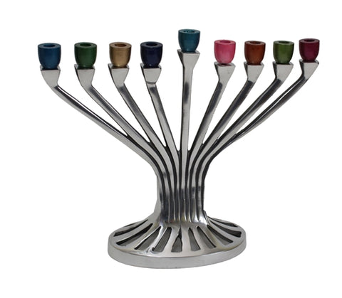 Nickel Plated Hanukkiah Menorah with Colorful Cups